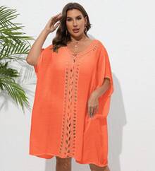 Women's Plus-Size Dress With Hand-Crocheted Floral Patchwork, Loose-Fitting Beach Bikini Cover-Up - White - View 8