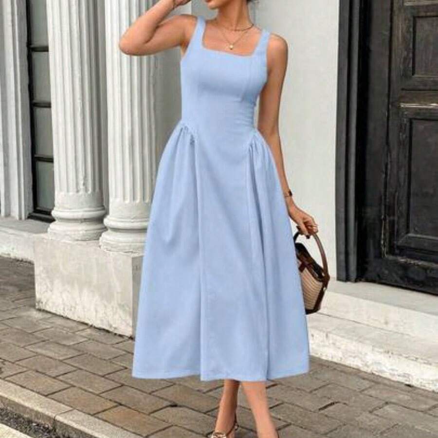 yonghongmaoyi1 Vestido maxi elegante de mujer con cuello cuadrado, sin mangas y plisado de unicolor - Celeste - Ver 1