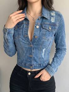 Slim Denim Jacket With Premium Distressed Details,  Urban Style. - Medium Blue 3NZY06 - View 15
