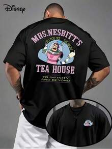 Licensed Disney Tee: Buzz Lightyear "Mrs. Nesbitt's Tea House" Print, 100% Cotton, Relaxed Fit, Soft & Breathable, Unisex Crew Neck Short Sleeve. - Black - View 1