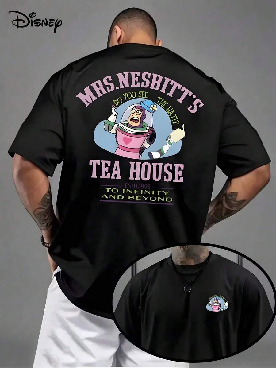Licensed Disney Tee: Buzz Lightyear "Mrs. Nesbitt's Tea House" Print, 100% Cotton, Relaxed Fit, Soft & Breathable, Unisex Crew Neck Short Sleeve. - Black - View 1
