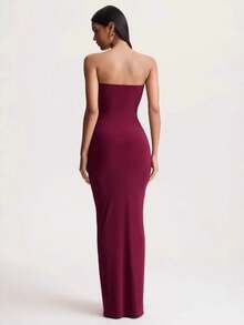 New Pleated Bandeau Maxi Dress With Open Back - Burgundy - View 2