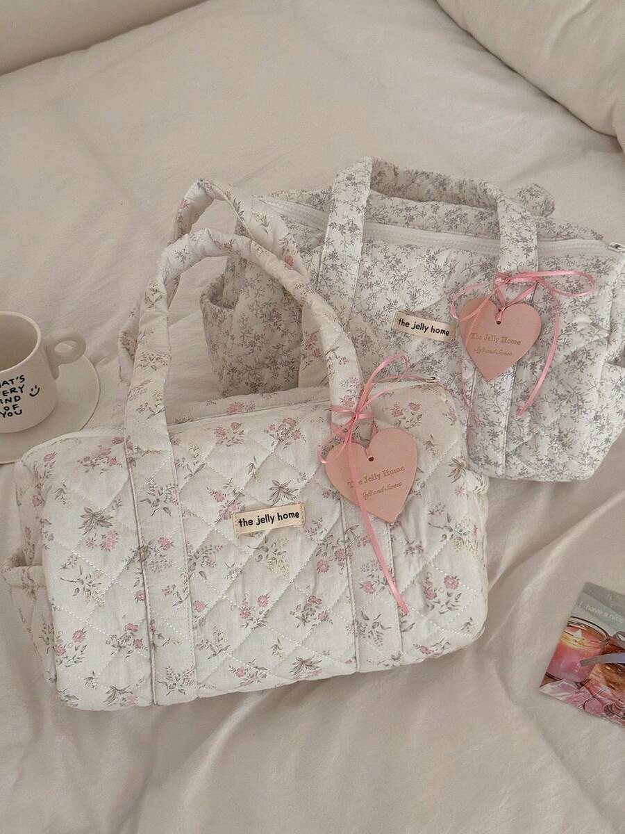 Cream White Ditsy Floral Cylinder Handbag, Large Capacity Compartment Organizer Bag For Mother & Baby Travel, Short Trips, Business Travel, Student And Mom, With Heart Pendant - Multicolor - View 1