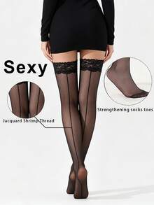 1 Paar transparente Spitzen-Saum Oberschenkelstrümpfe, sexy rutschfeste Silikon-Überknie-Socken, ultradünne transparente schwarze Haltestrümpfe, für Party, Nachtclub und Alltag - Schwarz - Übersicht 4