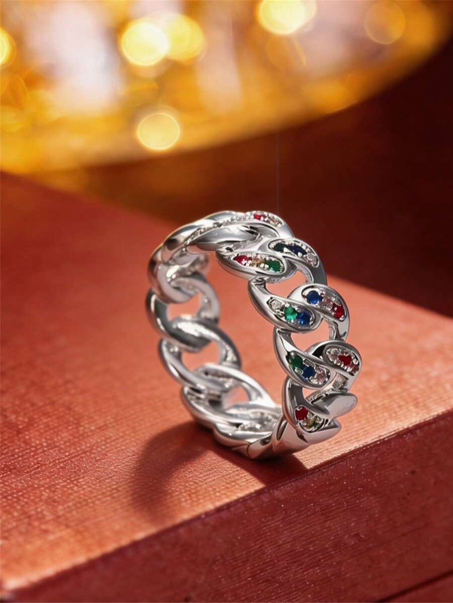 1pc Vintage Hip-Hop Style Exquisite Chain Ring, Silver Cuban Chain Wide Band Ring, Unisex Versatile Personalized Ring - Ring - View 1