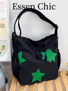 1個黑色夏季新款星星裝飾大容量尼龍托特包女款單肩斜背包 - 黑色 - 查看 7
