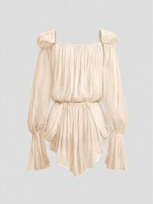 Blusas para mujer, Blusa de gasa con hombros descubiertos, Manga larga plisada con cintura elástica para playa, boda, vacaciones de verano - Albaricoque - Ver 5