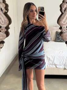Vestido Mini Asimétrico de Rayas Diagonales con Lazo y Hebilla, para Vacaciones y Fiestas de Verano - Morado - Ver 2