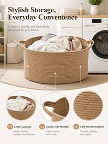 1pc Extra Large Hand-Woven Cotton Rope Laundry Basket, Bohemian Style White Beige Brown Round Striped Design, With Soft Handle, Foldable Large Capacity Clothes Storage Basket, Suitable For Bedroom, Laundry Room, Dorm, All Seasons - Multicolor - View 6