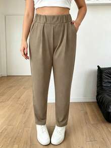 1 Stück Damen Große Größen Elastische Taille Seitentasche Vorne Gefaltete Tapered Yoga 7/8 Länge Hose Sport - Khaki - Übersicht 3