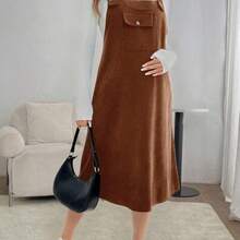 Vestido casual suelto con bolsillo y tirantes de unicolor para mujeres embarazadas, para primavera y otoño, para maternidad - Óxido marrón - Ver 1