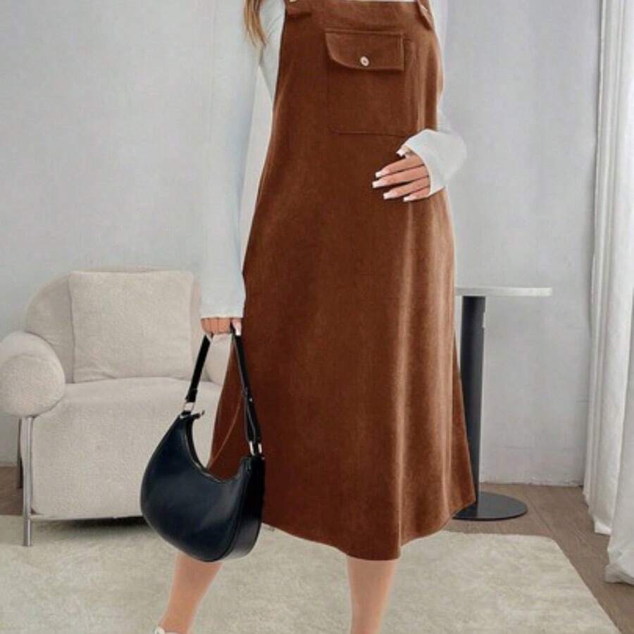 Vestido casual suelto con bolsillo y tirantes de unicolor para mujeres embarazadas, para primavera y otoño, para maternidad - Óxido marrón - Ver 1
