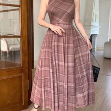 yonghongmaoyi1  Vestido de mujer elegante de cuello redondo sin mangas con estampado asimétrico de largo medio, vestido de invitada de boda de verano - Marrón - Ver 9
