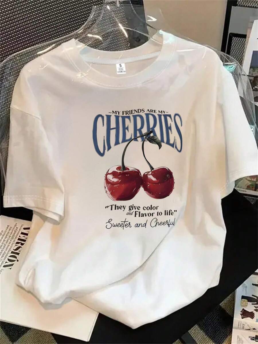 Top de mujer de manga corta y cuello redondo con estampado de cerezas y logotipo de cerezas, apto para todas las estaciones. - Blanco - Ver 1