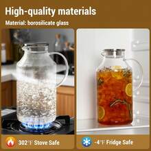 128oz Large Glass Carafe With Handle, Borosilicate Glass Water Pitcher With Strainer Lid, Fridge Friendly Jug For Hot & Cold Beverages - Clear - View 6