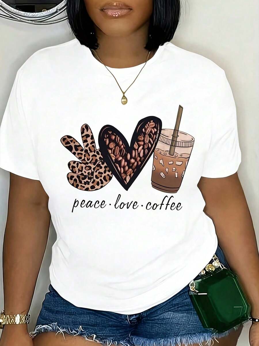 Peace Love Coffee Leopardmönstrad T-shirt med handhjärta och iskaffe-grafik, kortärmad, rundhalsad, för kvinnor, för vardagsbruk. - Vitt - Visa 1