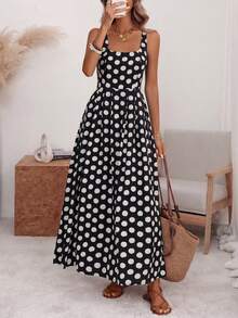 A-Line Midi Dress With Pleated Back, Fitted Waist, Wide Straps And U-Neck, With Back Adjustment, In A Romantic Style Of Large Polka Dots, Elegant Retro French Minimalist, Suitable For Office, Travel, Business, Casual, Beach, Resort, Spring/Summer - 黑色 - 查看 1