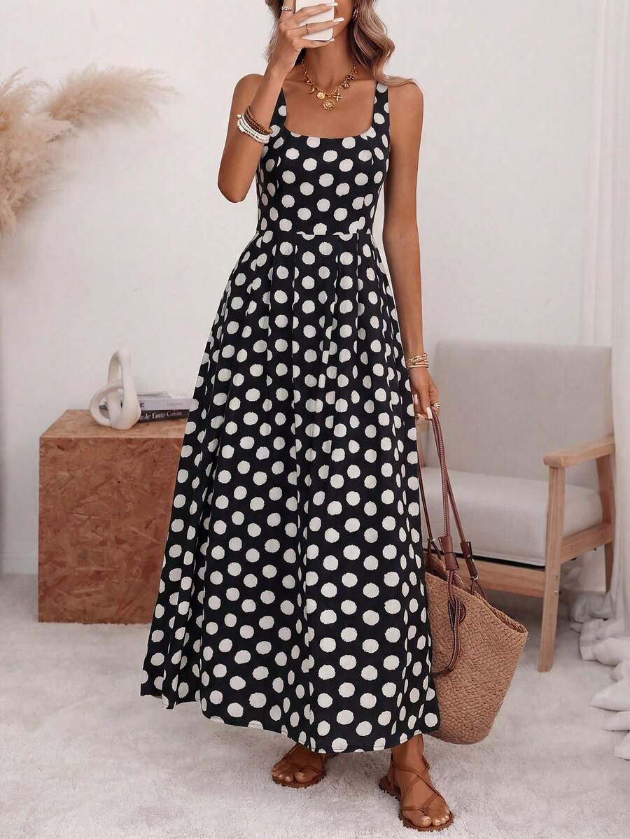 A-Line Midi Dress With Pleated Back, Fitted Waist, Wide Straps And U-Neck, With Back Adjustment, In A Romantic Style Of Large Polka Dots, Elegant Retro French Minimalist, Suitable For Office, Travel, Business, Casual, Beach, Resort, Spring/Summer - 黑色 - 查看 1