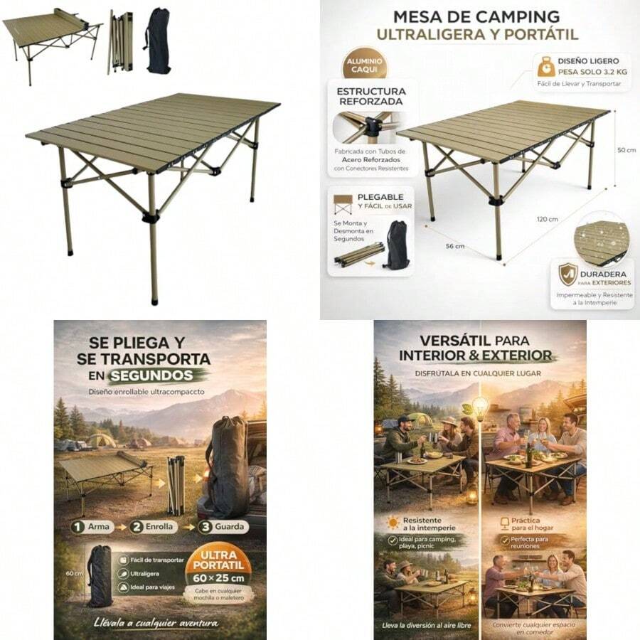Mesa Plegable Camping Enrollable 120 * 56cm Plegable Playa De Portátil Mesa De Camping Plegable Pequeña Adecuado para Exteriores Playa Picnic Barbacoa Pesca con Bolsa de Transporte. - como en la imagen - Ver 1