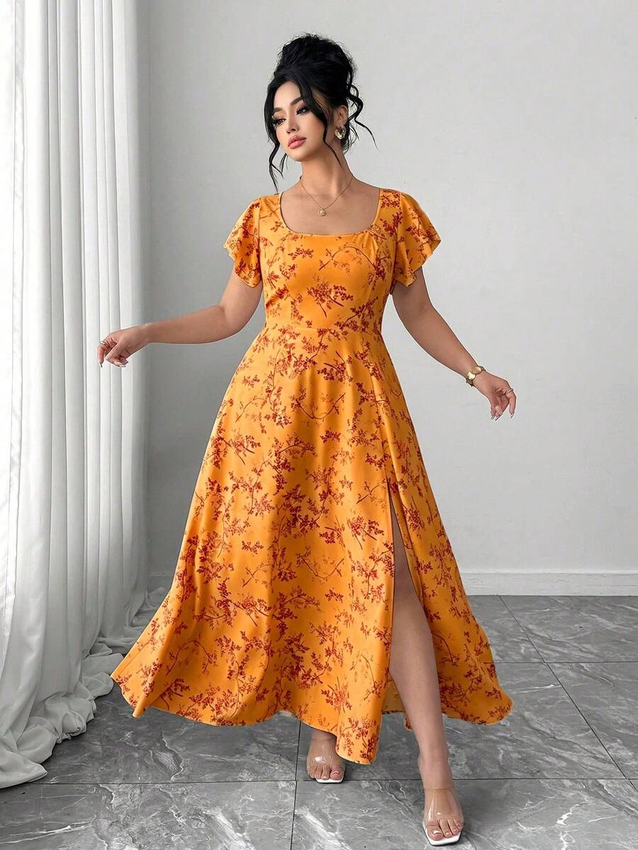 Vestido de verano elegante y estilizador para mujer de talla grande con cuello cuadrado francés, mangas con volantes, abertura en el bajo, adecuado para uso casual, vacaciones ligeras, ocasiones sociales, fiestas de cóctel y citas - Naranja - Ver 1
