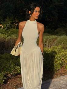 Old Money Minimalist Halter Neck Ruched Draped Asymmetrical Midi Dress For Vacation Brunch Wedding Guest Date Night - Blanco - Ver 4