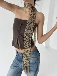1 pieza Pañuelo de cinta con borlas de estampado de leopardo vintage, versátil y de nicho estacional, simple y fácil de combinar, adecuado para atuendos de fiesta - Multicolor - Ver 2
