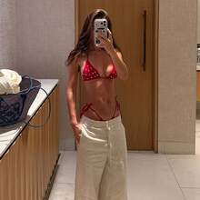 New Bikini Set With Straps, Diamond Embellishments, Perforated Details And Minimalist Design In Solid Color - Red Hot-fix Rhinestones - View 1
