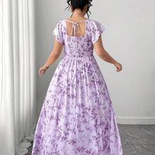 jianchaimaoyi02  Vestido de verano elegante y estilizador para mujer de talla grande con cuello cuadrado francés, mangas con volantes, abertura en el bajo, adecuado para uso casual, vacaciones ligeras, ocasiones sociales, fiestas de cóctel y citas - Naranja - Ver 11