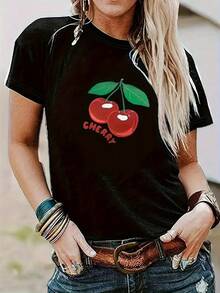Camiseta de cuello redondo con estampado de patrón direccional de la naturaleza - Negro - Ver 1