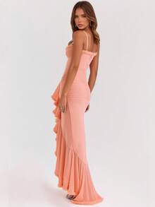 Elegant Women's Spaghetti Strap Backless Ruffle Hem Knit Asymmetric Cocktail Party Maxi Dress - Pink - View 6