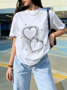 Camiseta Casual de Vacaciones para Mujer, Camiseta de Algodón con Estampado Gráfico para Jóvenes, Camiseta Negra para Mujer con Estampado de Doble Corazón Brillante, Efecto de Diamantes y Purpurina, Camiseta de Manga Corta, Top Estético Y2K, Blusa Casual a la Moda para Fiesta, Camiseta de Talla Grande adecuada para uso diario en la calle y salidas. - Blanco - Ver 1