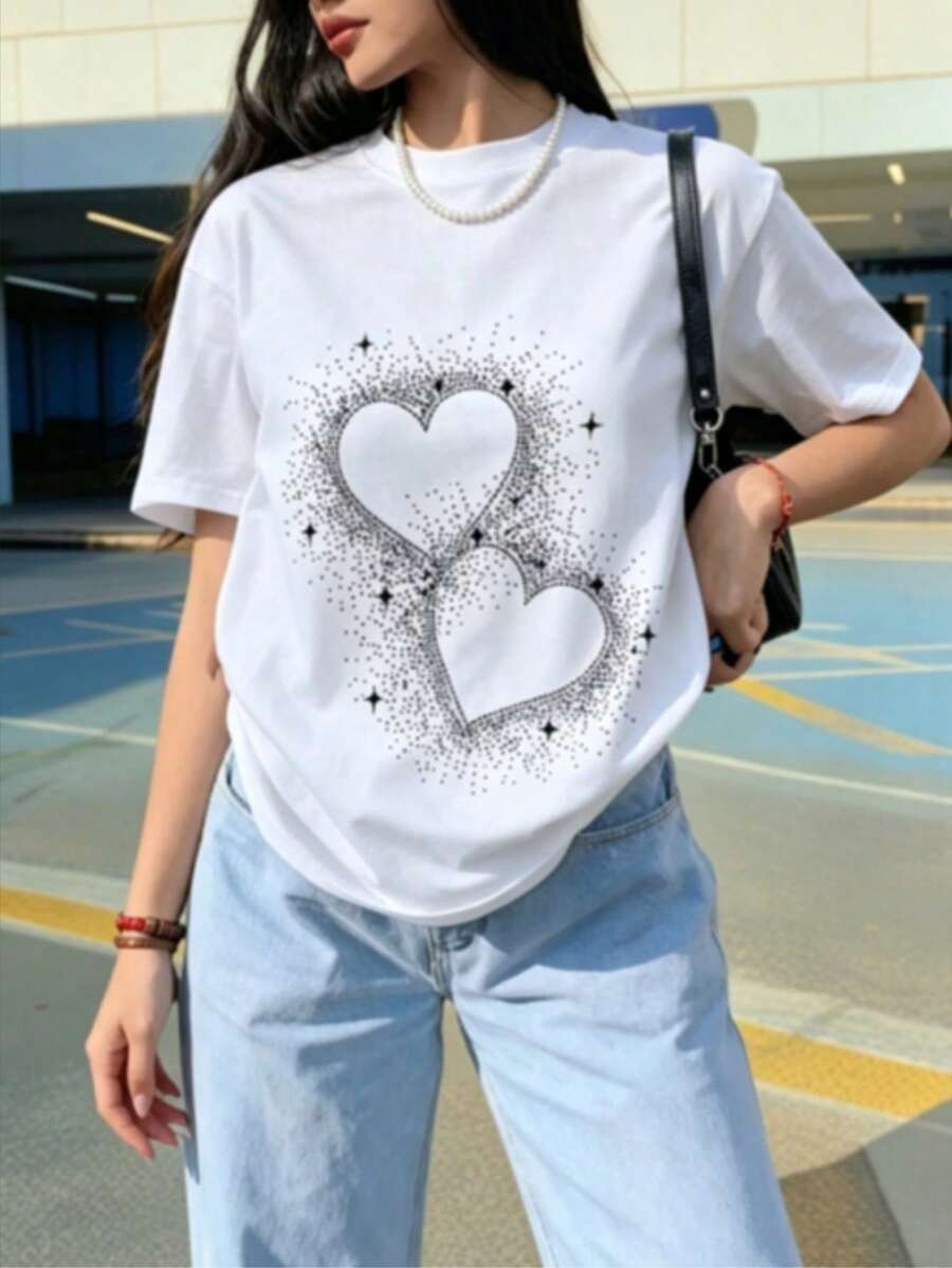 Camiseta Casual de Vacaciones para Mujer, Camiseta de Algodón con Estampado Gráfico para Jóvenes, Camiseta Negra para Mujer con Estampado de Doble Corazón Brillante, Efecto de Diamantes y Purpurina, Camiseta de Manga Corta, Top Estético Y2K, Blusa Casual a la Moda para Fiesta, Camiseta de Talla Grande adecuada para uso diario en la calle y salidas. - Blanco - Ver 1