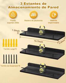 Floating Shelves With Metal Rail, Set Of 3, Suitable For Kitchens, Bathrooms, Bedrooms, Studies, Display Shelves And Storage Shelves, White, Valentine's Day - 黑色 - 查看 3