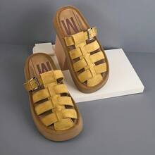 Women's Yellow Cutout Closed-Toe Platform Mule Sandals, Chunky Sole Slip-On Shoes With Strap Detail For Summer, Vacation & Casual Outings - Yellow - View 7