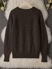Women's Brushed Mohair Sweater - French Inspired Raglan Sleeve, Drop Shoulder Plush Knit For Fall Winter, Back To School, Halloween - Dark Brown - View 3