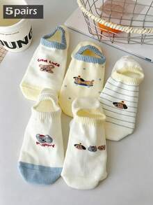5 Pairs Women's Multi-Pattern Cute Animal Boat Socks, Low-Cut Invisible Non-Slip Cotton Socks, Breathable Sweat-Absorbing All-Season Versatile Student Commuter Short Socks, Suitable For Casual Sports - Multicolor - View 2