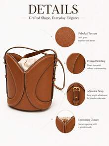 1 pieza Bolso de cubo de cuero PU marrón, bolso de hombro y bandolera con cordón de estilo británico para mujeres, bolso casual para ir al trabajo, compras, viajes y uso diario - Marrón - Ver 6