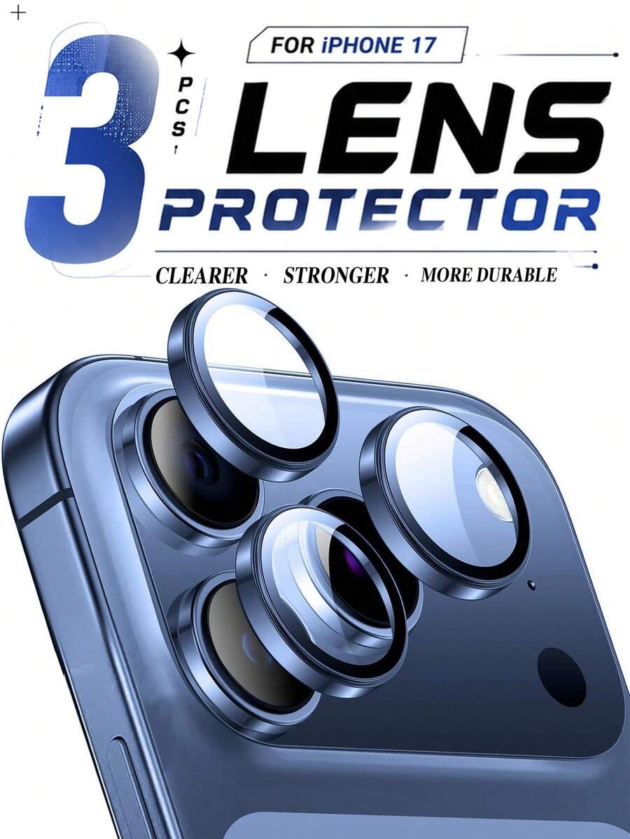 3pcs Blue Decorative Anti-Scratch 9H Hardness High-Definition Tempered Glass Ultra-Thin Camera Lens Protector, Compatible With IPhone 17 Pro/17 Pro Max, Style, - Navy Blue - View 1
