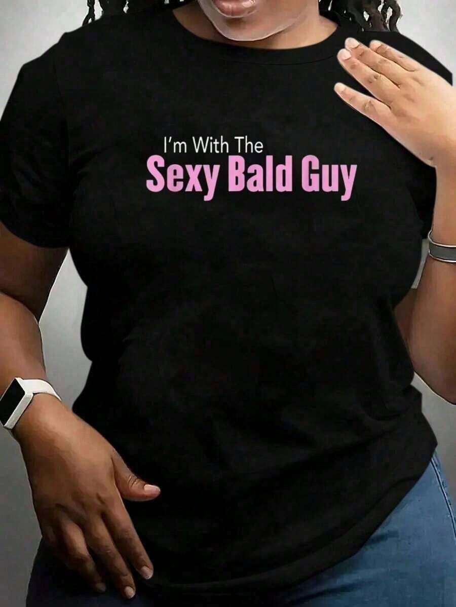 Summer Tops, Graphic T-Shirts With "I'm With The Sexy Bald Guy" Print, Women's Summer Sets, Women's Cotton T-Shirt, Summer Clothes - T-Shirt - Casual T-Shirt - 黑色 - 查看 1