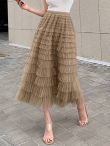 Skirt With Solid Mesh Overlay, Ruffles, Back-To-School Clothes - 卡其色 - 查看 1