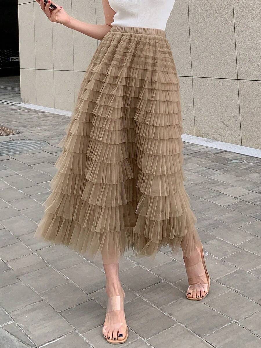 Skirt With Solid Mesh Overlay, Ruffles, Back-To-School Clothes - 卡其色 - 查看 1