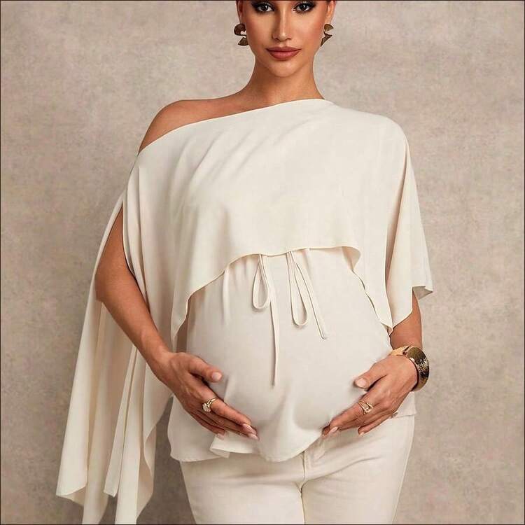 WNS MaterniChic Blusa elegante de unicolor y casual con bajo asimétrico para embarazadas en verano - Albaricoque - Añade 7