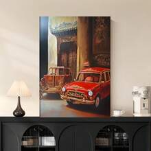 Enmarcado Lienzo plano 2D, 1 pieza,  en lienzo enmarcado - Pintura de autos rojos vintage y arquitectura asiática, póster vertical clásico moderno para sala de estar, oficina, decoración de cocina, uso interior/exterior, regalo perfecto para Navidad, Acción de Gracias, Año Nuevo, obra de arte decorativa, decoración artística, obra de arte vibrante - Enmarcado - Ver 2