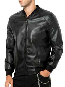 Thin PU Leather Jacket For Men, Collar, Fashion Motorcycle Jacket, Biker, Autumn - 黑色 - 查看 9
