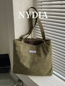 Corduroy Solid Color Shoulder Tote Bag - Green - View 6