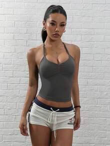女士减震运动背心，无袖健身瑜伽衫，速干运动背心 - 深灰色 - 查看 6