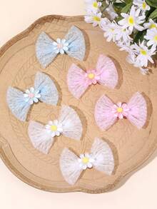 6入女孩彩色蕾絲蝴蝶結髮夾，亮面花朵裝飾精緻鱷魚夾，可愛日常派對節日禮物髮飾，青少年髮飾 - 彩色 - 查看 2