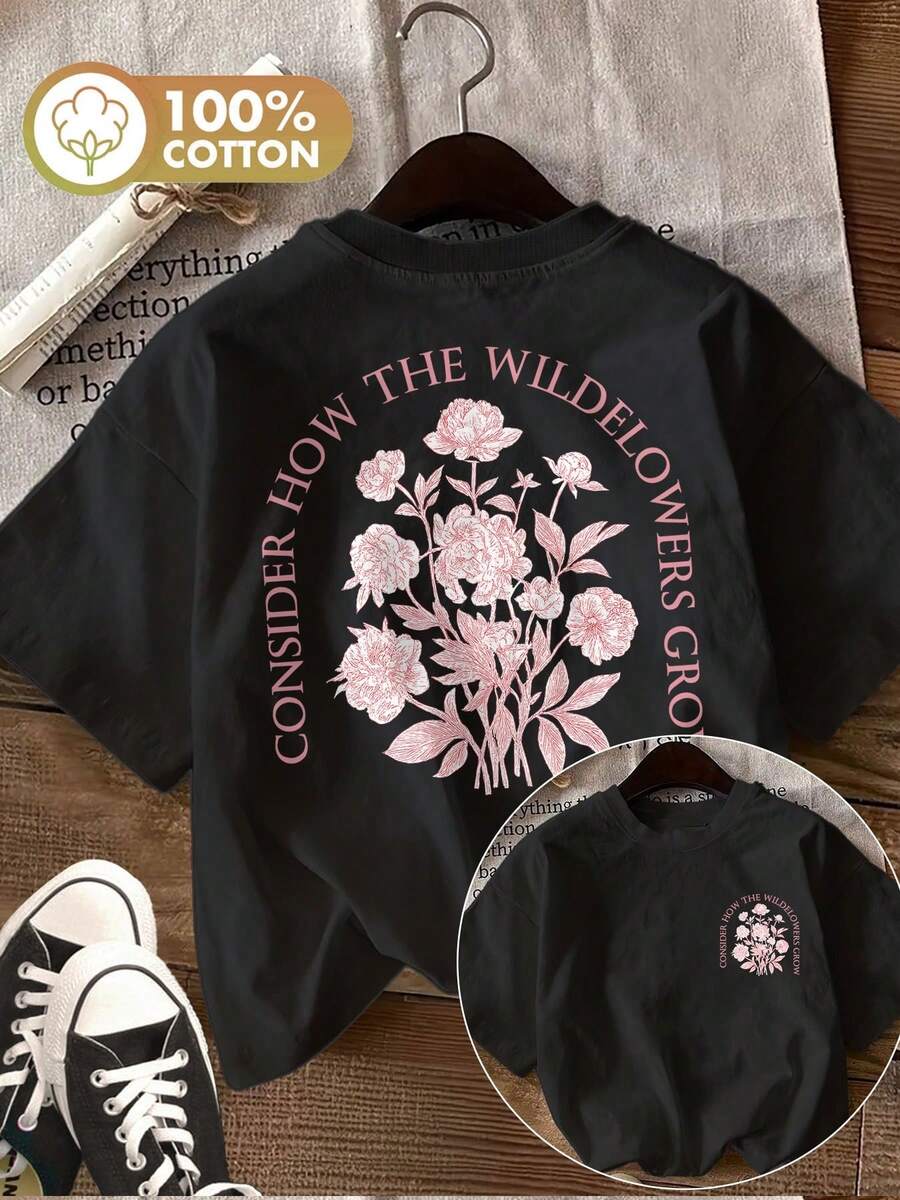 Minimalist. 100% Cotton. 1 Piece. Vintage Cotton Short-Sleeved T-Shirt With Double-Sided Print, Wildflower And Branch Print, THE WILDELOWERS Slogan Design, Women's Casual Summer Top. Spring And Summer Top. - 黑色 - 查看 1