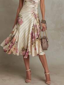 Vestido manga corta estampado escote V con volantes corte A - Albaricoque - Ver 3