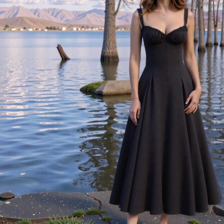 Vestido de para Mujer en Poliéster Suave - Perfecto para Banquetes Playa y Eventos Sociales - Cómodo y Adecuado para Trabajo y Viajes - Negro - Ver 1